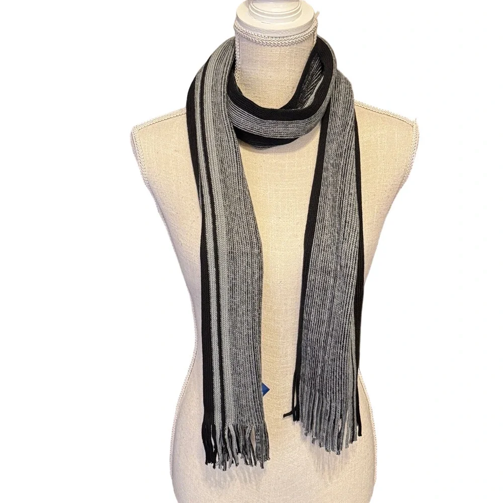 Apt. 9 Black and Gray Contemporary Striped Men's Scarf with Fringe NWT